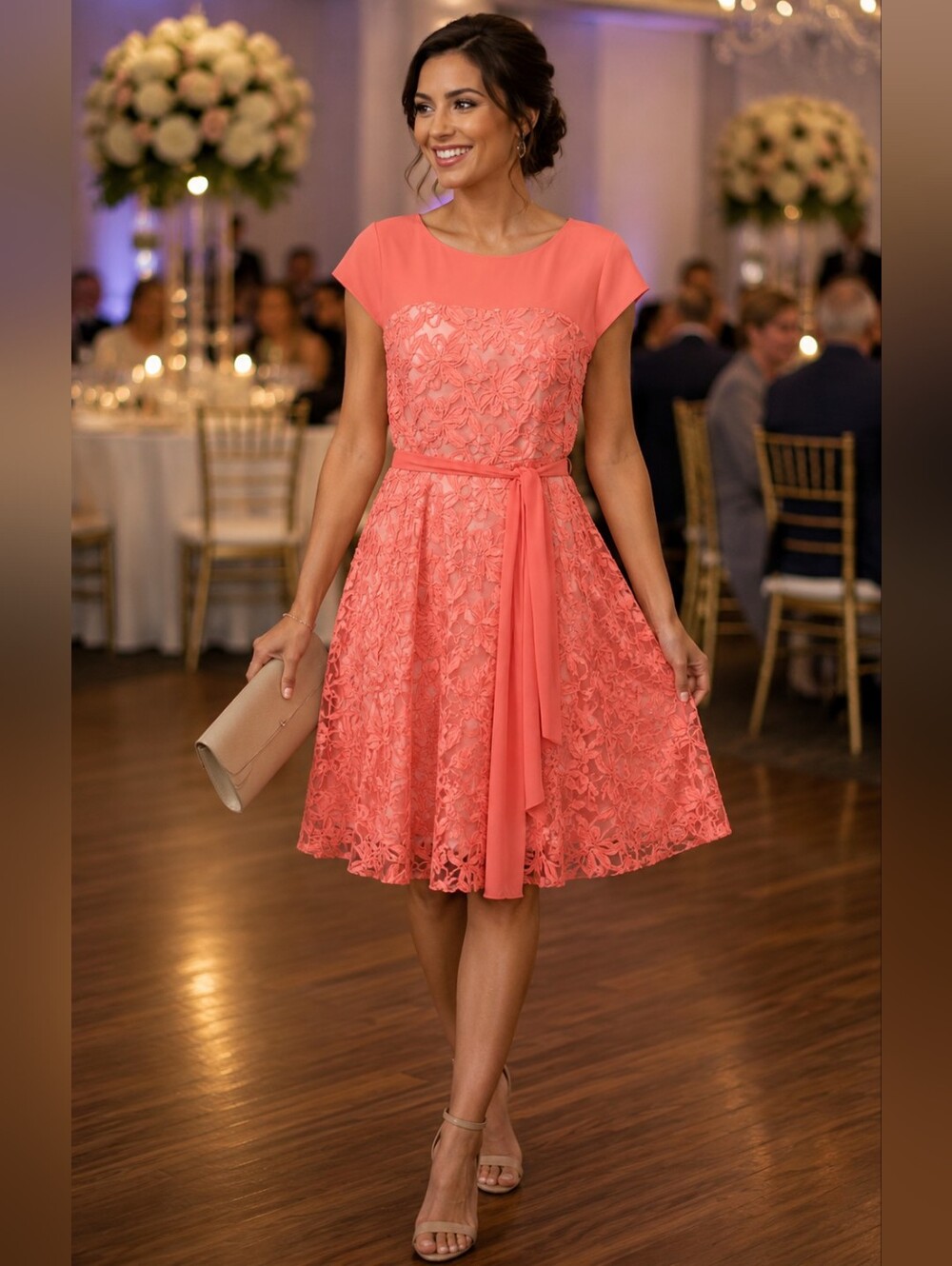 Coral Colored Lace Midi Dress